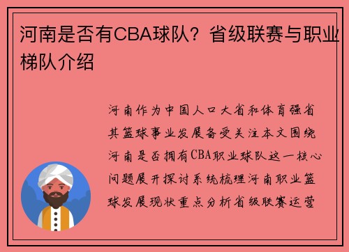 河南是否有CBA球队？省级联赛与职业梯队介绍