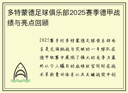 多特蒙德足球俱乐部2025赛季德甲战绩与亮点回顾