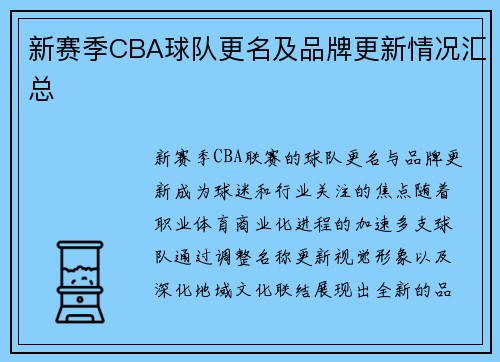新赛季CBA球队更名及品牌更新情况汇总